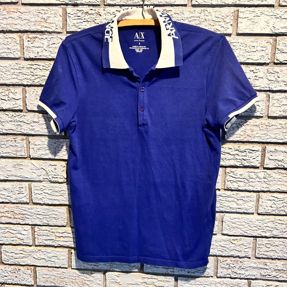 Armani Exchange Mens Blue Logo Collar Polo Shirt Small Short Sleeve Cotton Blend